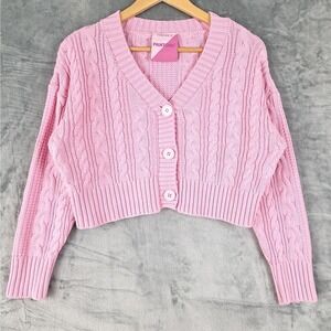 Womens Cardigan Small Pink Chunky Cable Knit Fisherman Cropped‎ Preppy Feminine